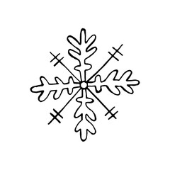 A single snowflake. Hand-drawn, outline. Suitable for Christmas design, greeting cards