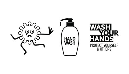 Wash your hands, protect yourself and other from corona virus (covid 19), hand wash and germs sketch