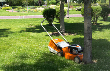 Lawn mower on green grass in the garden (park)