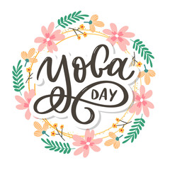 Lettering Yoga. Vector background International Yoga Day. Vector design for poster, T-shirts, bags. Yoga typography. Vector elements for labels, logos, icons, badges.