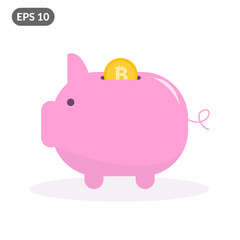 Pink piggy bank with falling golden bitcoin