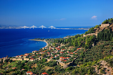 Panoramic view of Nafpaktos (Lepanto) town and its castle. Aitoloakarnania, Greece. In the background the Rio-Antirrio bridge 