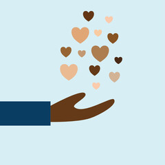 Obraz premium Dark skin hand open to receive many skin tone color heart, dark skin hand open side view