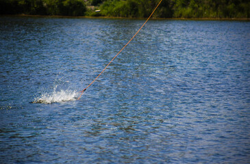 The handle that you hold while riding a wakeboard jumps on the water