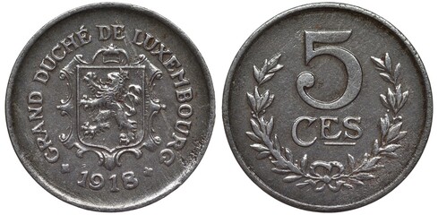 Luxembourg Luxembourgish iron coin 5 five centimes 1918, emergency WWI issue, shield with lion surrounded by country name, denomination within wreath,