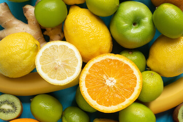 Fototapeta na wymiar top view of orange and lemon halves on fruits