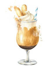 Watercolor coffee cocktail in a glass with colorful splashes on white background. Hand drawn watercolour drink illustration.