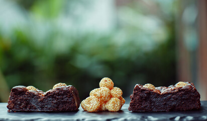 Chocolate brownies with sesame balls or Klepon, Kelepon, Onde Onde- traditional Southeast Asian rice cake balls. Asian modern dessert