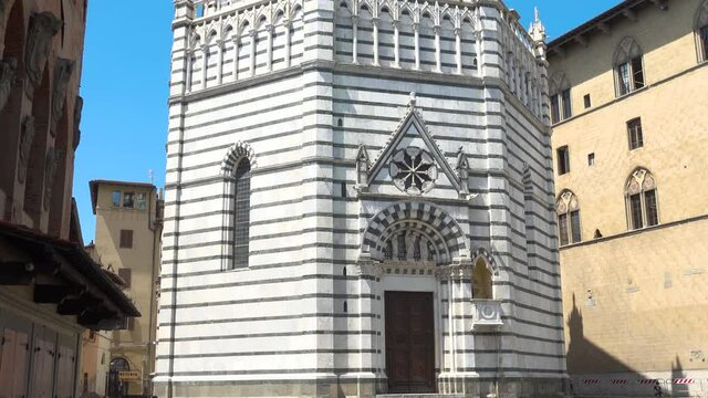 Pistoia, Tuscany, Italy: Piazza Duomo, the setting (in July) of the Giostra dell'Orso (Bear Joust) with Cathedral of San Zeno, Palazzo del Comune, Palazzo del Podesta and baptistery