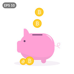 Pink piggy bank with falling gold bitcoins concept. Investing in bitcoin