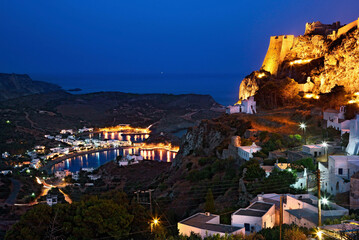 KYTHIRA ISLAND, GREECE. Chora, the capital village of the island with its castle to the right. In the background, the seaside village of Kapsali.