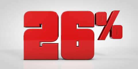 26% red text isolated on white background, 3d render illustration