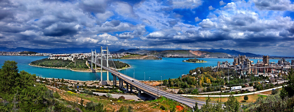 EVIA ISLAND, GREECE. The High Bridge of Evripos and Chalkis ("Chalkida") town.