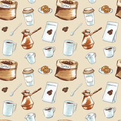 Seamless pattern with cups of coffee, candy, spoon, mugs, coffee beans, coffee bag, cezve. For print, postcards, coffee houses. Brown, beige illustration with hands drawn by markers, liner, icons.