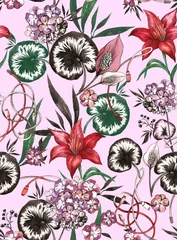Möbelaufkleber Bright trendy watercolor botanical print - pattern with red lily flowers and swamp water lilies and technical wires on a light pink background. © Arina