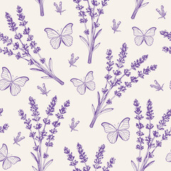 Vintage seamless pattern with lavender flowers and butterflies. - 357252699