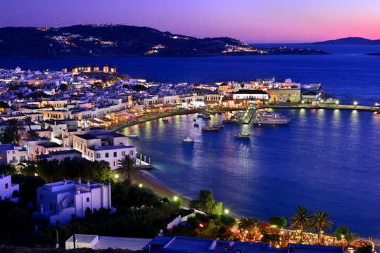 The port of  the Choro (the "capital") of Myconos in the "blue" hour. Cyclades, Aegean Sea, Greece.