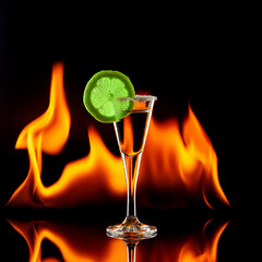 shot of tequila on black with fire flames