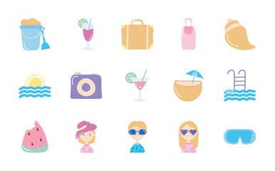 snorkel goggles and Summer icon set, flat style