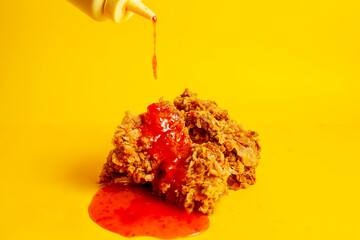 Crispy fried chicken against a bright yellow background