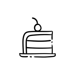 Pie portion doodle icon with cherry on top. Piece of cake hand drawn illustration.