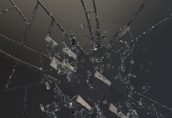 Shattered glass. Broken glass, dark abstract background.Close-up of sharp pieces of glass.3D rendering