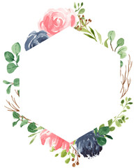 Floral Frame, Geometric Floral, Bohemian Flower Frame, Greenery, Navy Blue, Rose, Eucalyptus, Bloom, Watercolor Flower Border