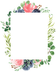 Floral Frame, Geometric Floral, Bohemian Flower Frame, Greenery, Navy Blue, Rose, Eucalyptus, Bloom, Watercolor Flower Border