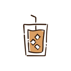 Iced tea, cold drink with ice glass. Doodle icon.