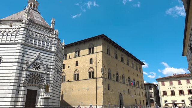 Pistoia, Tuscany, Italy: Piazza Duomo, the setting (in July) of the Giostra dell'Orso (Bear Joust) with Cathedral of San Zeno, Palazzo del Comune, Palazzo del Podesta and baptistery