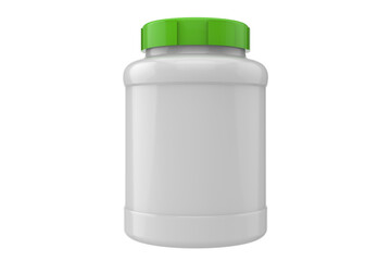3d supplement jar mockup on white background, white jar with green cap