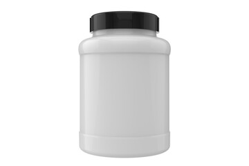 3d supplement jar mockup on white background, white jar with black cap