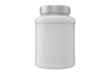 3d supplement jar mockup on white background, white jar with silver cap