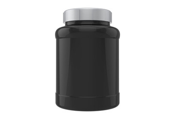 3d supplement jar mockup on white background, black jar with sliver cap
