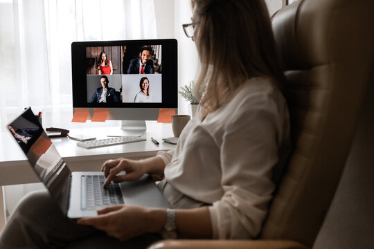 Video business conference. Young director holds a video conference from home.