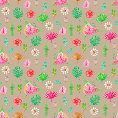 Seamless exotic pattern with tropical flowers and leaves