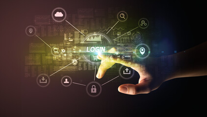 Hand touching LOGIN inscription, Cybersecurity concept