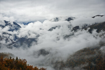 Morning mist in the mountain. Autumn scene.