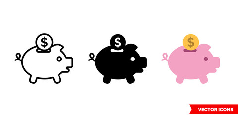 Piggy bank icon of 3 types. Isolated vector sign symbol.