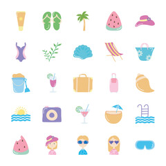 travel suitcase and Summer icon set, flat style