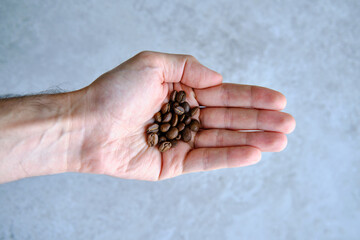 Man's hands holding freshly roasted aromatic coffee beans