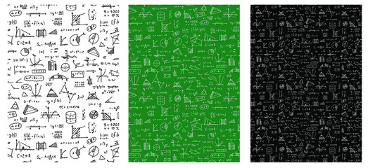 Mathematics, geometry background. Formulas, shapes, and graphics. Big vector set of mathematical objects isolated on a white background. Hand drawn seamless pattern.