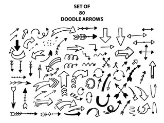 Big set of handdrawn doodle arrows with pencil texture. Bundle of doodle elements. Simple, thin, scandinavian arrows. Vector large collection on white background.