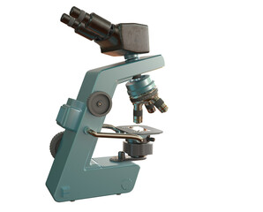 Blue electronic microscope with fictive design isolated on white background - detailed realistic medical 3d illustration, medicine discovery concept