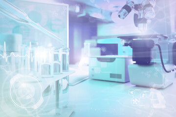bio university background or texture - test tubes and microscope in office - conceptual medical 3D illustration