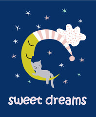 Cute moon and clouds and stars. Childish print for nursery, kids apparel, poster, postcard. Vector Illustration.
