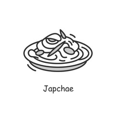 Japchae icon.Traditional korean stir fried noodles bowl outline sign.Asian food with sweet potato, vegetable, beef and soy sauce.Korean cuisine concept.Thin line vector illustration.Editable stroke