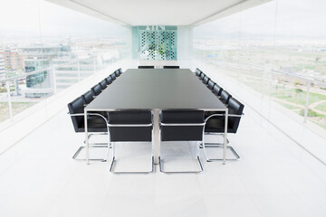 Empty conference room overlooking city