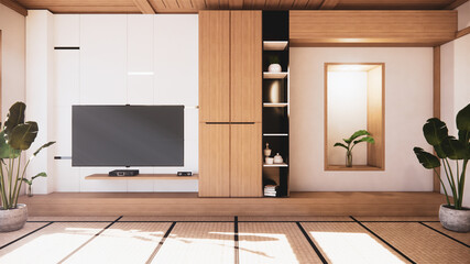TV cabinet and shelf wall design zen interior of living room japanese style.3d rendering
