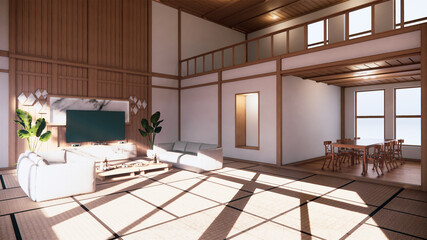 TV cabinet and shelf wall design zen interior of living room japanese style.3d rendering